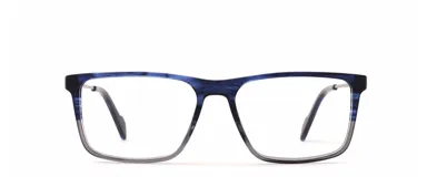 Anteojos de acetato con marco rectangular azul degradado a gris.
