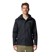 Campera impermeable Columbia modelo Watertight II, color negro, con capucha ajustable, cierre frontal con solapa, bolsillos laterales con cierre y puños ajustables. Cuenta con tecnología Omni-Tech para mayor transpirabilidad y protección contra la lluvia.
