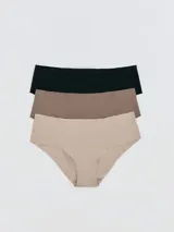 Pack de tres bombachas de corte láser en colores negro, marrón y beige.