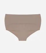 Bombacha alta de tiro alto confeccionada en poliamida seamless con textura acanalada, color marrón, diseño sin costuras y detalle de logo sutil en la parte frontal.