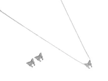 Set de collar y aros de acero italiano plateado con dije de mariposa con incrustaciones de circonitas.