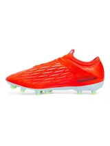 Championes de fútbol Under Armour Magnetico Select 4 FG, color naranja vibrante con detalles en gris claro y verde lima. Presentan una parte superior de piel sintética con estampado 3D para mayor control, cuello textil tipo calcetín y suela de TPU con tacos cónicos.