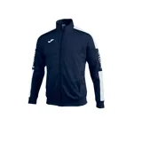 Campera deportiva Joma Champion IV, color azul marino con detalles en blanco en mangas y logo bordado en el pecho. Cierre frontal con cremallera y bolsillos laterales.
