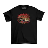 Remera negra de algodón con estampa frontal de una camioneta tipo combi en llamas, con el texto 'EMEXEM' y 'BURN IT ALL SINCE 2009'.