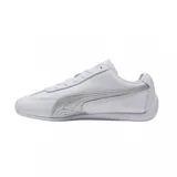 Championes Puma modelo Speedcat LTH, de diseño inspirado en el automovilismo. Presentan una base de cuero blanco con detalles en color dorado en los laterales y el logo de la marca. Cuentan con una suela de goma negra de perfil bajo y diseño envolvente en el talón.
