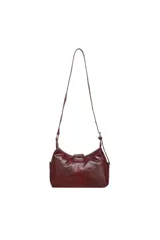 Cartera Trendy color marrón, estilo bandolera de cuero sintético con múltiples bolsillos externos frontales con solapa, hebilla decorativa grande, tachas metálicas y asa ajustable para el hombro.