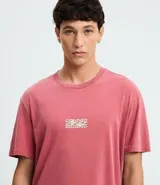 Remera de algodón con efecto desteñido, cuello redondo y manga corta. Presenta estampado geométrico pequeño en el centro del pecho y corte holgado tipo comfort.