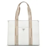 Cartera tipo tote bag Guess modelo Jackie, de color blanco con tiras de hombro beige que llevan el texto 'Guess Los Angeles' estampado. Cuenta con un bolsillo frontal exterior y un aplique metálico triangular con el logo de la marca en el centro.