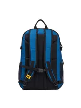 Mochila Caterpillar modelo Barry Backpack color azul, con diseño estampado geométrico sutil. Cuenta con compartimento principal amplio, bolsillo frontal con organizador, bolsillos laterales de malla, correas laterales de compresión y logo de la marca en el frente.