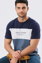 Remera de manga corta con diseño de bloques de color en tonos gris, blanco y azul marino. Cuenta con cuello redondo y una estampa tipográfica en el centro del pecho.