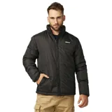 Campera negra con cierre frontal, cuello alto y logo de Caterpillar en el pecho.