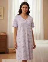 Camisón de manga corta con escote en V y cierre frontal de botones, estampado con motivos florales en tonos lilas sobre fondo claro.