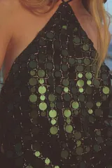 Top de cuello halter con diseño de rombo, cubierto completamente por lentejuelas circulares en tonos verdes y negros. Presenta un cierre con lazada ajustable en la parte superior y en la espalda.