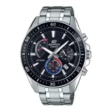 Reloj Casio Edifice plateado con esfera negra, detalles en rojo y azul, y correa de acero inoxidable. Cuenta con cronógrafo, calendario y resistencia al agua de 100 metros.
