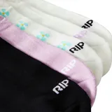 Pack de cinco pares de medias tobilleras deportivas, con puño elástico y logo de la marca. Incluye un par negro, un par lila y tres pares blancos, uno de ellos con estampado de flores celestes y los otros dos con logo de la marca.