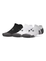 Pack de tres pares de medias deportivas cortas Under Armour modelo Perf Tech No Show, en colores negro, blanco y gris. Cuentan con refuerzo en la puntera y el talón, y el logo de la marca en el empeine.