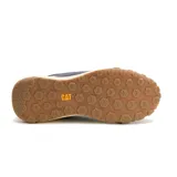 Championes Caterpillar modelo Hex Ready T-Toe para hombre, en color azul marino con detalles en amarillo, blanco y suela de goma marrón. Capellada combinada de cuero, paneles textiles y refuerzos sintéticos, con entresuela de EVA y cordones blancos.