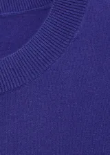 Jersey de punto fino color azul eléctrico, con cuello redondo y manga corta. Presenta un diseño recto y básico.