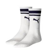 Pack de dos pares de medias Puma negras con tres rayas horizontales blancas en el puño y logo de Puma bordado en blanco en el lateral.
