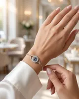 Pulsera de cadena fina con dije central en forma de ojo turco, decorado con cristales brillantes y detalles en azul. El diseño es delicado y sofisticado.