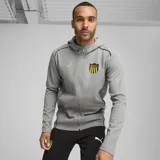 Campera gris con capucha y cierre frontal, con detalles en negro y amarillo. Logo de Puma bordado en blanco y escudo del Club Atlético Peñarol bordado en el pecho.