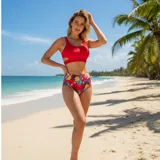 Bikini de dos piezas modelo Brenda, compuesto por un top deportivo liso color amarillo y una bombacha de tiro alto con estampado tropical de flores rojas y hojas verdes sobre fondo amarillo.