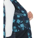 Campera con capucha y cierre frontal, color azul marino con estampado floral celeste.