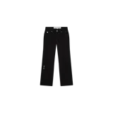 Pantalón de jean Eme Studios modelo O2 Flare Shadow, de corte flare y color negro, con costuras decorativas frontales y detalles de bolsillos cargo pequeños.