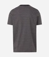 Remera masculina confeccionada en algodón peruano, con diseño de rayas horizontales, cuello redondo oscuro en contraste y mangas cortas.