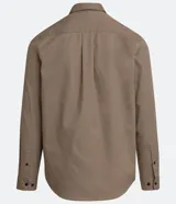 Camisa verde militar de manga larga en sarga de algodón, con cuello clásico, cierre frontal abotonado y dos bolsillos con solapa abotonada en el pecho.