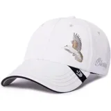 Gorra blanca con visera curva y bordes negros. Presenta un bordado de un águila en el panel frontal y la palabra "Blessed" bordada en el lateral.