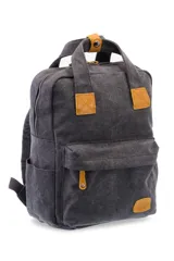 Mochila de lona gris oscuro con detalles en cuero sintético marrón, asas superiores y bolsillo frontal con cierre.