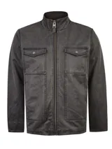 Chaqueta gris oscuro RKF de corte regular con cuello alto y cierre frontal de cremallera. Presenta dos bolsillos frontales con solapa y botones a presión, y un acabado efecto desgastado.