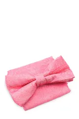 Moña amarilla con estampado floral y pañuelo de bolsillo a juego, presentados en caja negra.