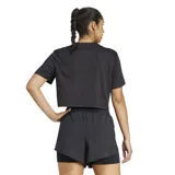 Remera deportiva Adidas Train Essentials para mujer, de color negro, corte cropped y mangas cortas, con logo de la marca estampado en el pecho.