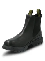 Bota tipo Chelsea de Hush Puppies, confeccionada en cuero negro con paneles elásticos laterales y tiradores superiores con diseño gráfico en amarillo y negro. Presenta una suela de goma robusta con tecnología Fusion de doble densidad para mayor absorción de impactos y tracción.