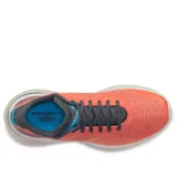 Championes de running Saucony Endorphin Shift 3, color coral con detalles en gris, celeste y blanco.