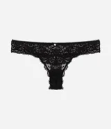 Bombacha bikini hilo de encaje floral blanco, con pequeña moña aplicada en la parte delantera y forro de algodón.