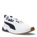 Championes Puma Anzarun 2.0 Formstrip de diseño deportivo y urbano. Presentan una base de malla blanca con detalles en azul marino, entresuela blanca y suela de goma color caramelo.