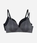 Conjunto de dos corpiños triangulares sin aro, uno negro y otro gris jaspeado, confeccionados en microfibra ligera con breteles finos ajustables.