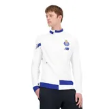 Campera deportiva blanca con detalles en azul, cierre frontal, bolsillos laterales con cierre y logo del FC Porto y New Balance en el pecho.