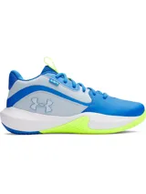 Championes de básquet Under Armour Lockdown 7, color azul con detalles en celeste, gris, blanco y verde flúor. Parte superior de malla transpirable con superposiciones de cuero sintético, entresuela de EVA y suela de caucho con patrón de tracción.