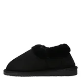 Pantuflas tipo bota baja de color negro, confeccionadas en material sintético con interior y borde superior de piel sintética suave. Poseen suela plana de goma antideslizante.