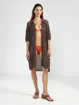 Top de bikini triángulo color naranja con lurex plateado, tirantes finos y almohadillas removibles.