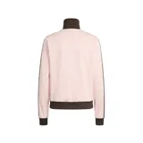 Campera deportiva Adidas con cierre frontal, cuello alto, bolsillos laterales con cierre y puños y ruedo acanalados. Presenta diseño en color rosado con detalles en marrón oscuro, incluyendo las icónicas tres tiras en las mangas y el logo del trébol bordado en el pecho.