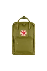 Mochila Fjallraven Kånken Laptop 13", color verde oliva, con logo reflectivo en el frente, compartimento principal con cierre, bolsillo frontal con cierre, dos bolsillos laterales abiertos, correas de hombro ajustables y asa superior.