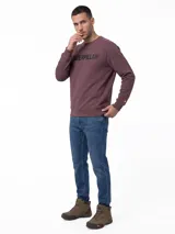Buzo de cuello redondo y manga larga color violeta con el logotipo de la marca estampado en el pecho en color negro. Presenta puños, cuello y bajo de punto elástico, y un pequeño detalle bordado en la manga izquierda.