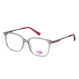 Armazón para lentes de receta MDQ modelo GZ07, con frente de acetato transparente y patillas metálicas en color gris con detalles en fucsia.