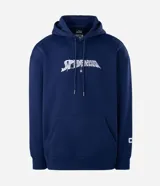 Buzo con capucha de color azul marino, confeccionado en tejido fleece. Presenta un diseño de manga larga con bolsillo tipo canguro y una estampa artística en la espalda que representa la silueta de Spider-Man con efecto de telaraña.