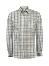 Camisa de manga larga con cuello camisero, confeccionada en algodón orgánico con estampa a cuadros en tonos verdes y blancos. Cuenta con cierre frontal de botones, un bolsillo en el pecho con el logo bordado y corte modern fit.